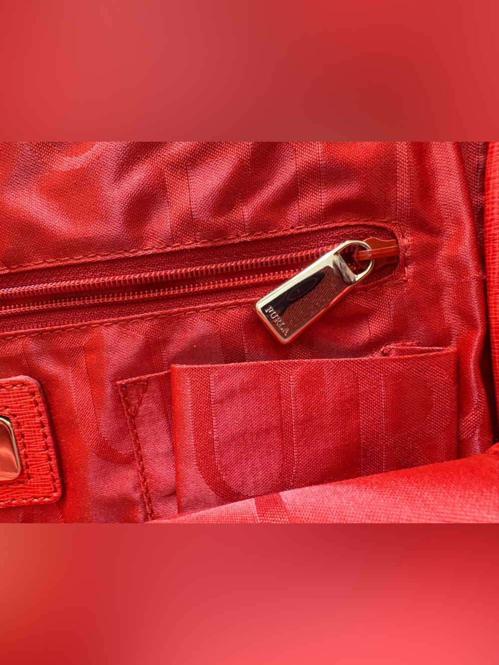 Furla Vibrant Red-Orange Structured Tote with Gold Lock - Picture 12 of 14